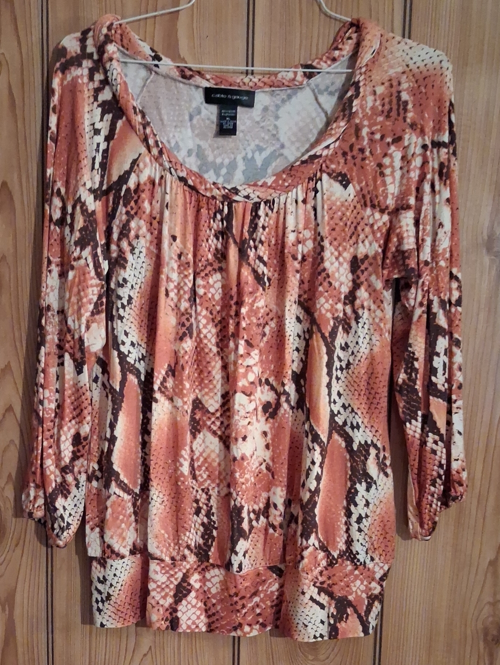 Cable & Gauge Rust and Cream Snake-Print Scoop Neck Blouse